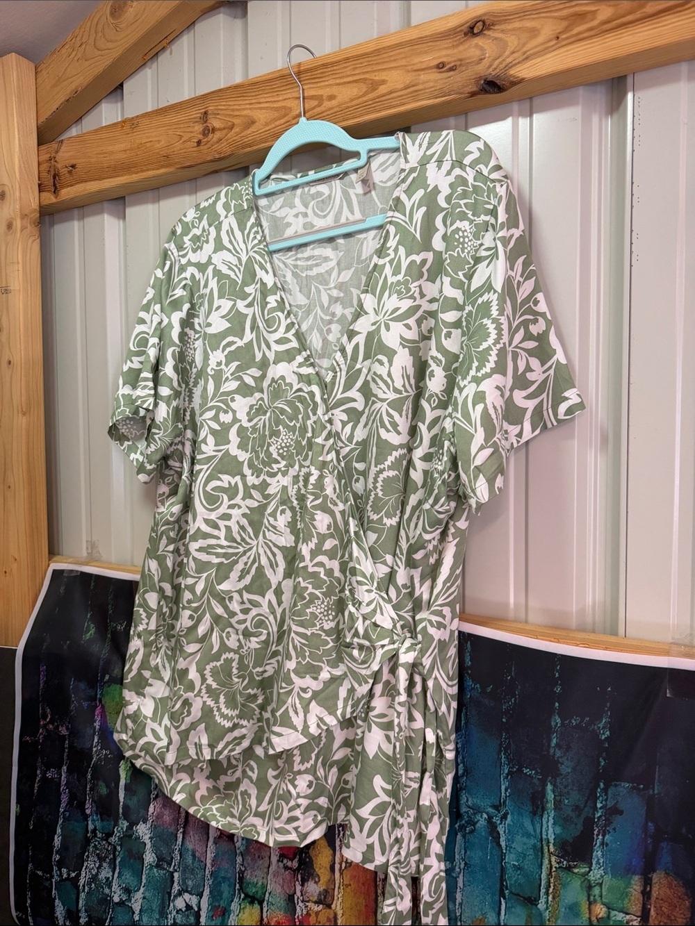 AnyBody Sage Green and White Floral Wrap Tunic